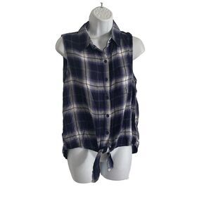 NEW Beach Lunch Lounge JANERA Sleeveless Flannel Shirt XS Tie Front Blue Plaid